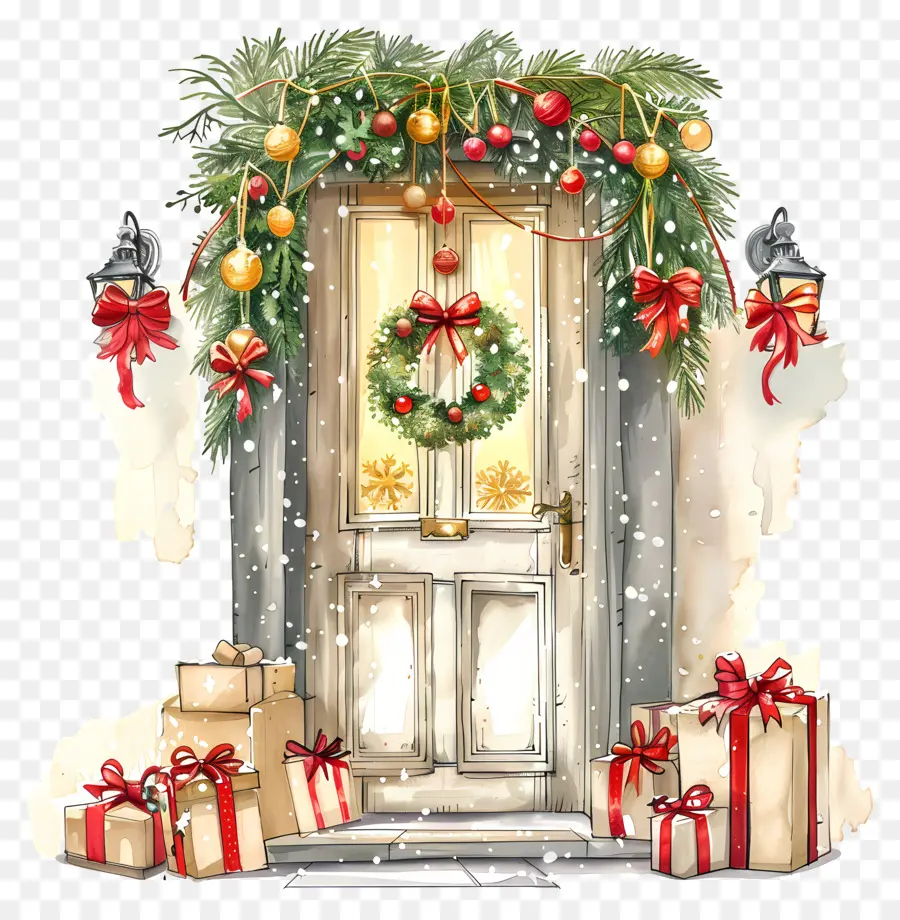 La Navidad De La Puerta，Pintura De Acuarela De Navidad PNG