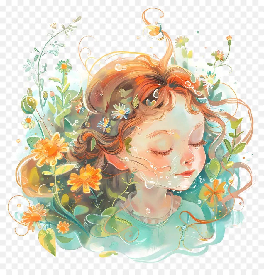 Agua，Niña Con Flores PNG