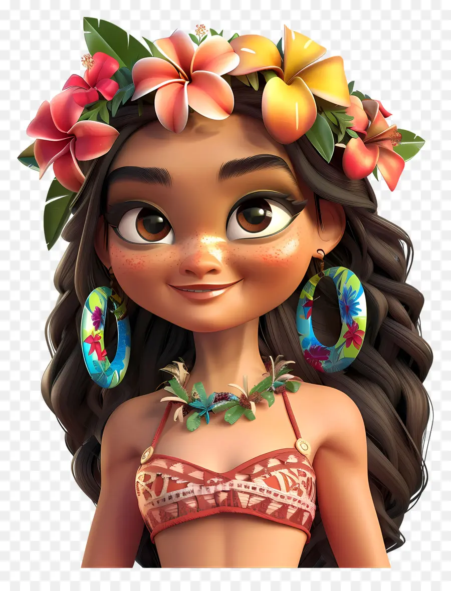 Dibujos Animados De Niña Hawaiana，Chica Animada Con Corona De Flores PNG