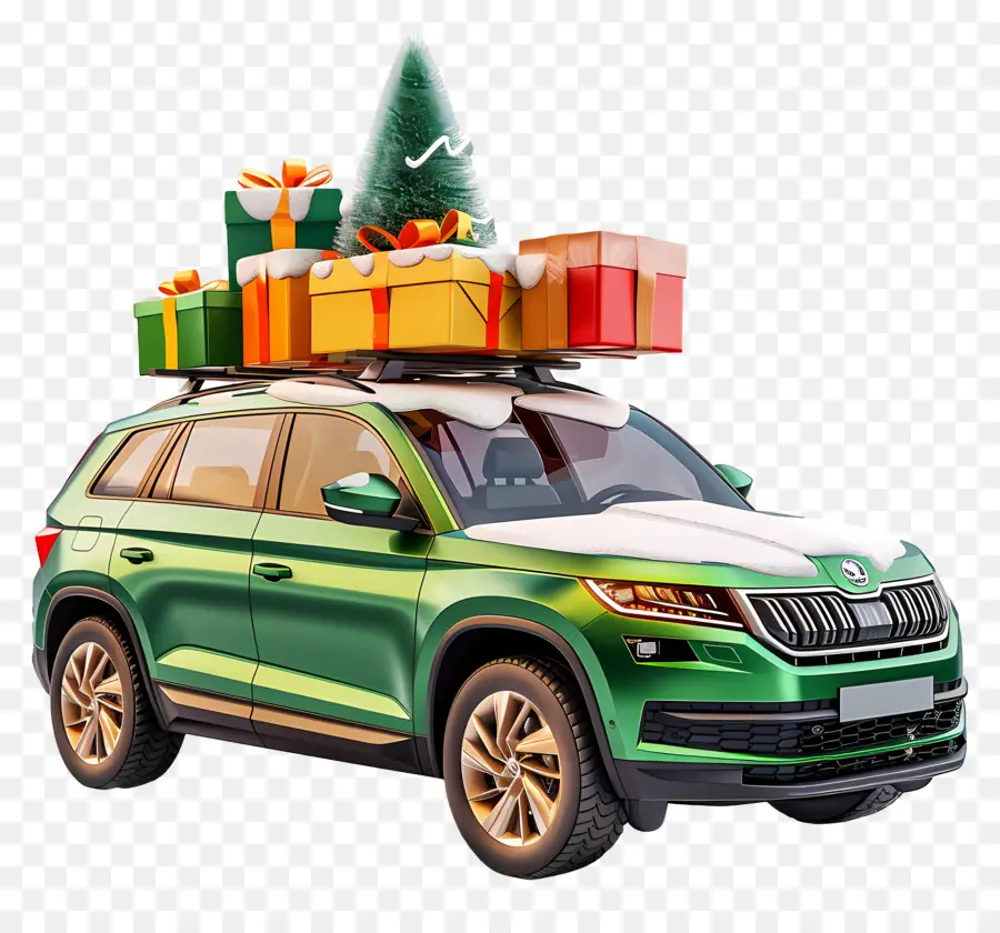 Skoda Kodiaq，Coche Verde Con Regalos PNG