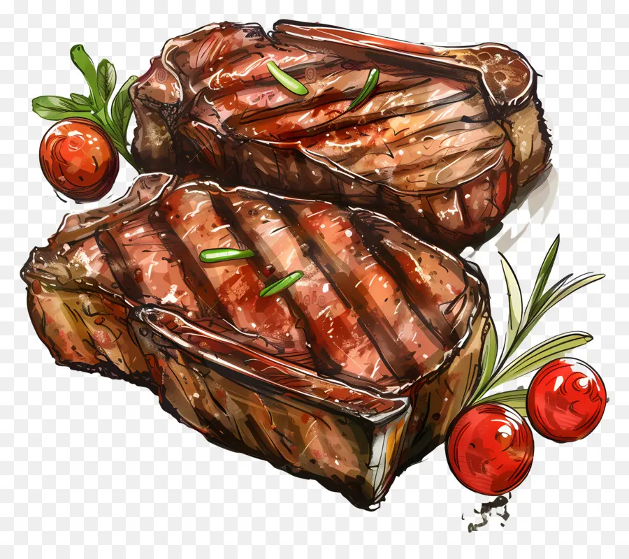 Bistec A La Parrilla，Pintura A La Acuarela PNG