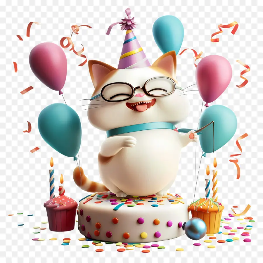 Animal，Gato Feliz Con Pastel Y Globos PNG