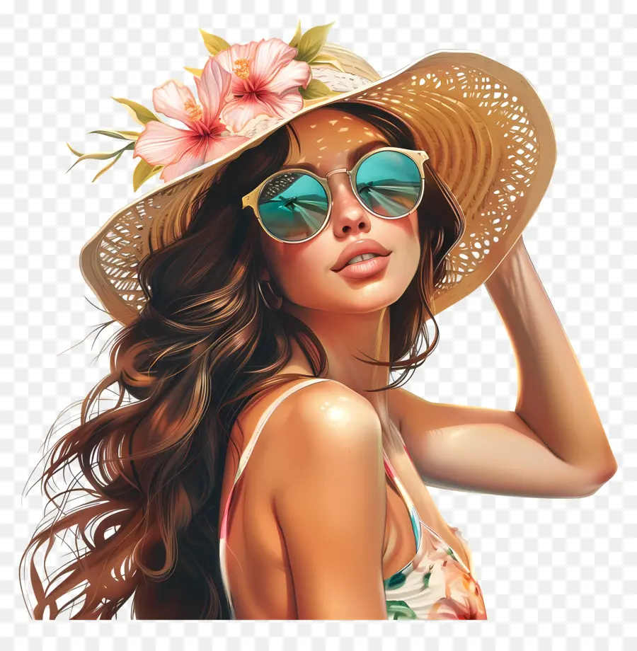 Mujer De Verano，Mujer Con Sombrero Y Gafas De Sol PNG