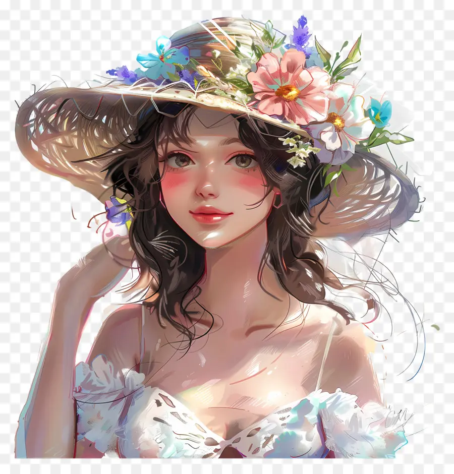 Mujer De Verano，Mujer Con Sombrero Floral PNG