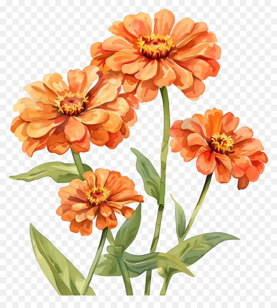 Zinnias De Naranja，Pintura A La Acuarela PNG