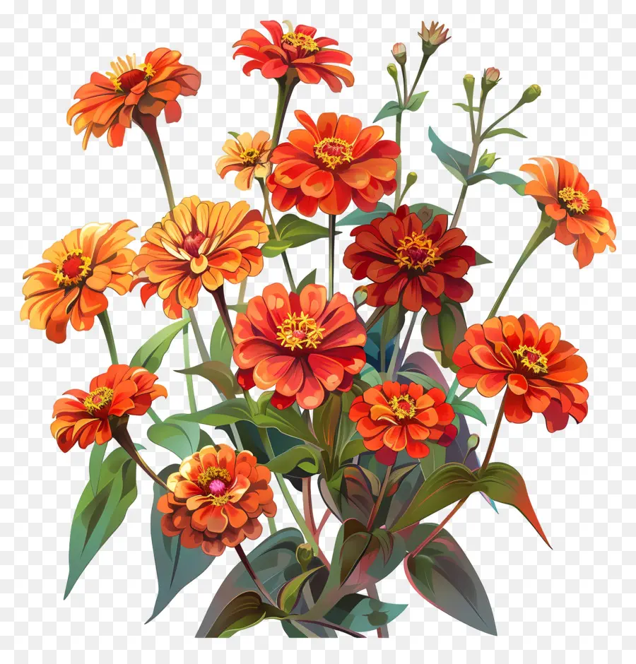 Zinnias De Naranja，Ramo De Flores PNG