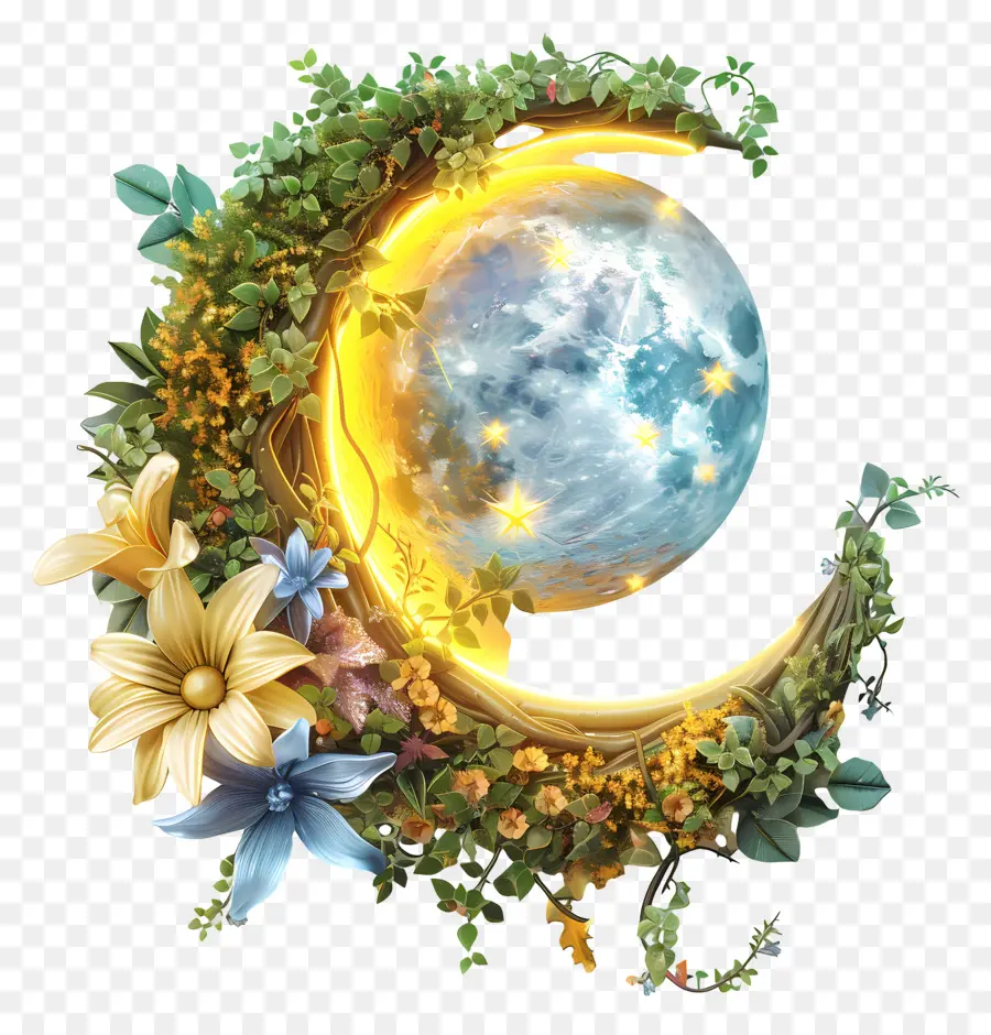 Solsticio De Junio，Luna Y Flores PNG