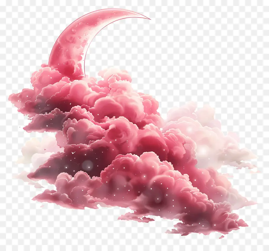 Noche Nublada，Nubes Rosadas Y Luna Creciente PNG