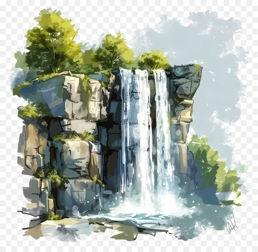 Cascada，Pintura A La Acuarela PNG