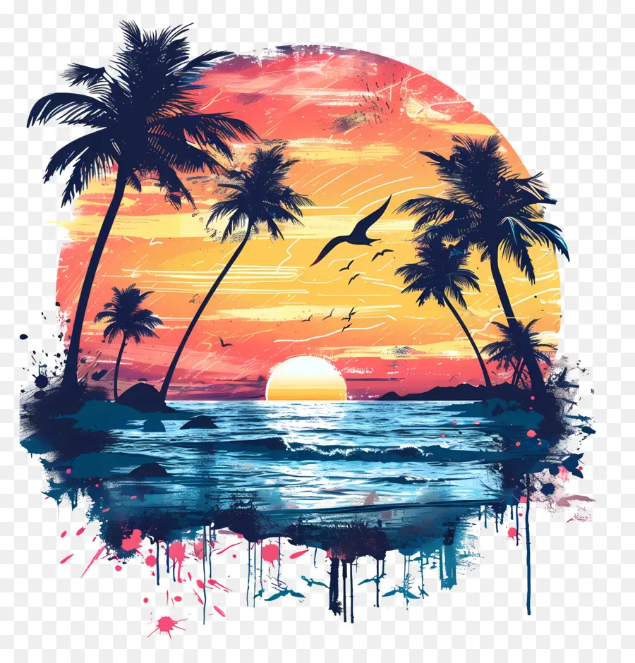 El Verano Comienza，Pintura De Puesta De Sol Tropical PNG