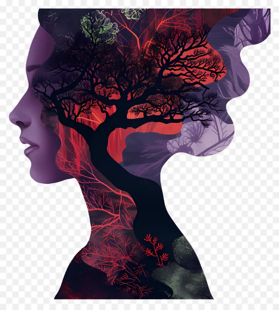 Retrato De Mujer，Silueta Con Arbol PNG