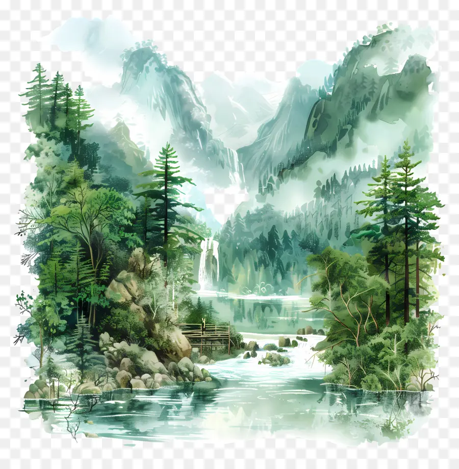 Jiuzhaigou，Pintura A La Acuarela PNG