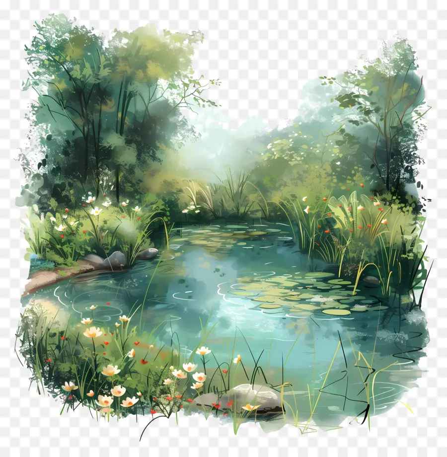 Estanque De Verano，Pintura Del Río PNG