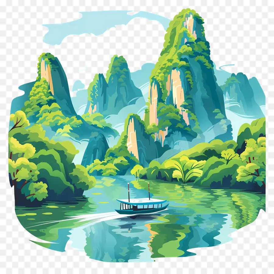 Paisaje De Guilin，Barco En El Río PNG