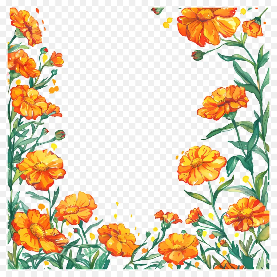 Flores De Color Naranja，Hojas PNG