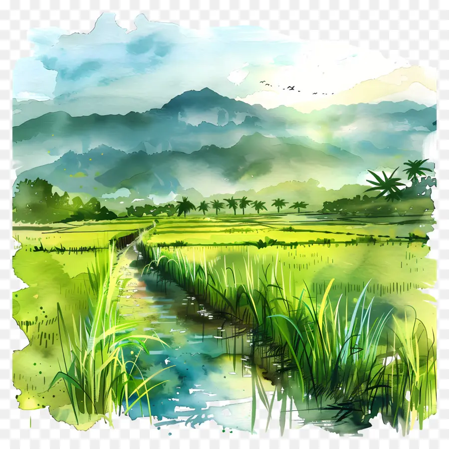 Campos De Arroz，Pintura A La Acuarela PNG