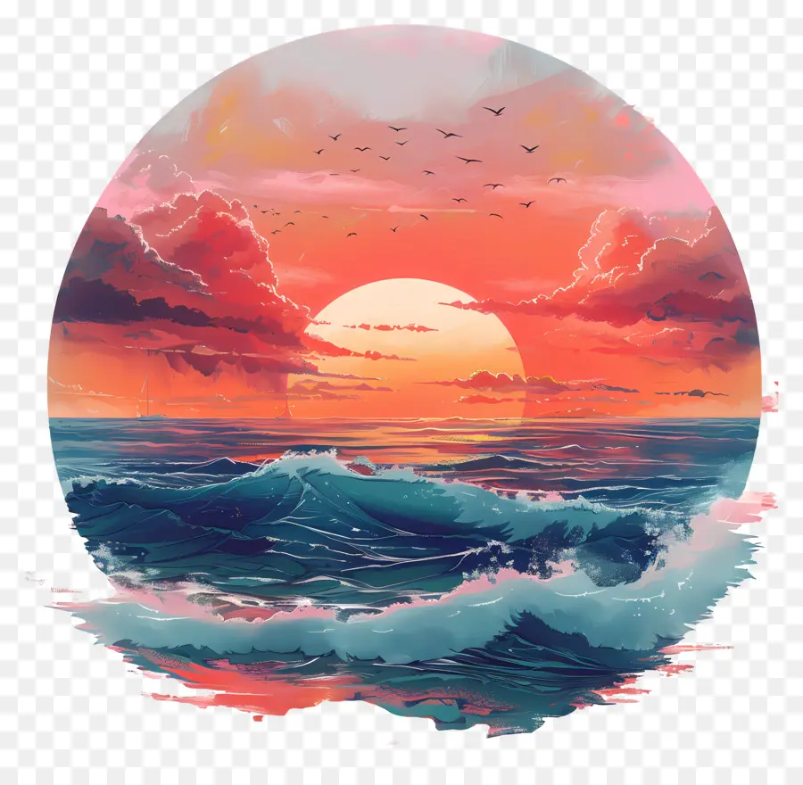 Puesta De Sol Sobre El Océano，Atardecer PNG