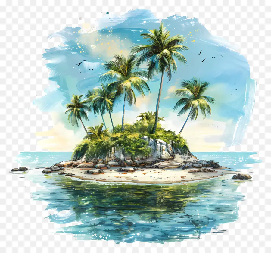 Isla Tropical，Pintura A La Acuarela PNG