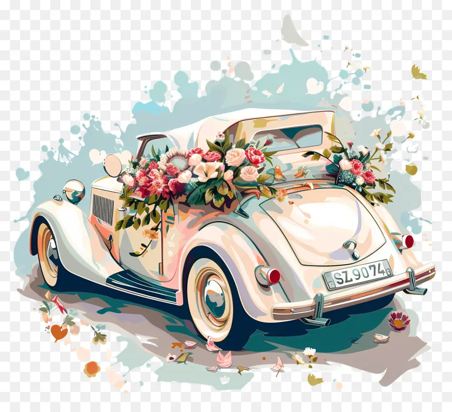 Coche De Boda，Pintura De Coche Vintage PNG