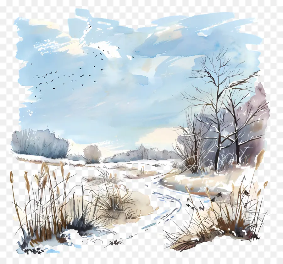 Campo Cubierto De Nieve，Pintura A La Acuarela PNG