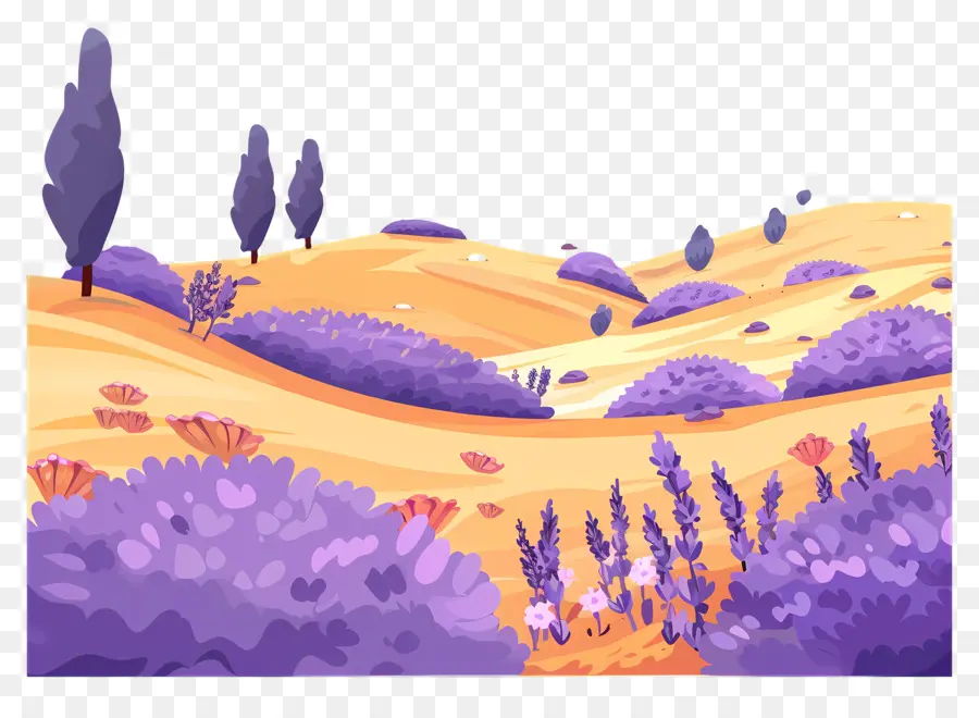 Paisaje De Lavanda，Colinas Y árboles PNG