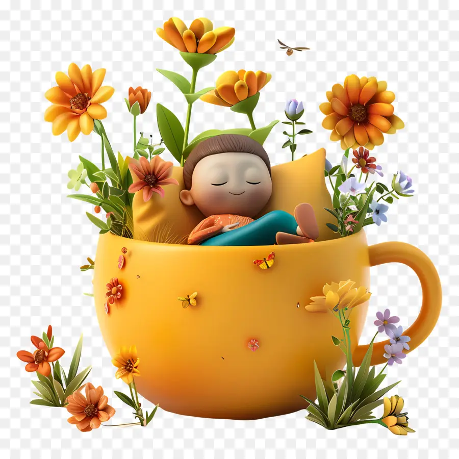 Descansar，Taza Amarilla Con Flores PNG