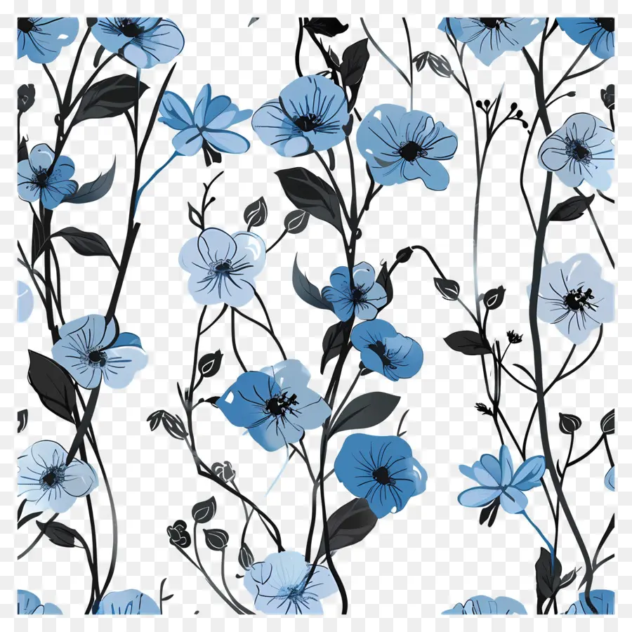 Flores De Color Azul，En Blanco Y Negro Patrón Floral PNG