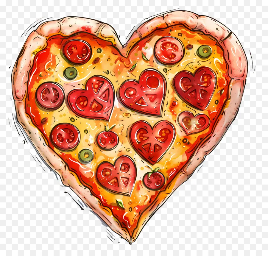 Pizza En Forma De Corazón，Pintura A La Acuarela PNG