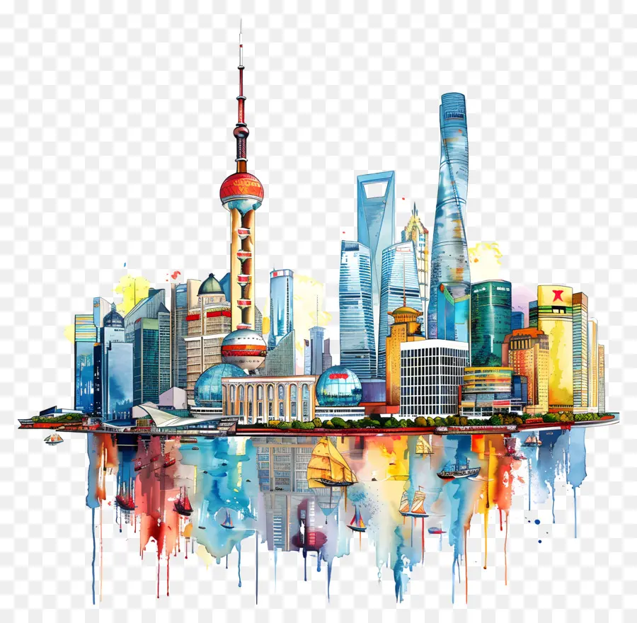 La Ciudad De Shanghái，Pintura A La Acuarela PNG