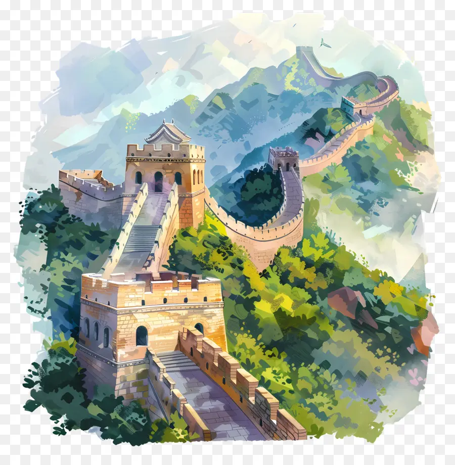 La Gran Muralla De China，Pintura A La Acuarela PNG