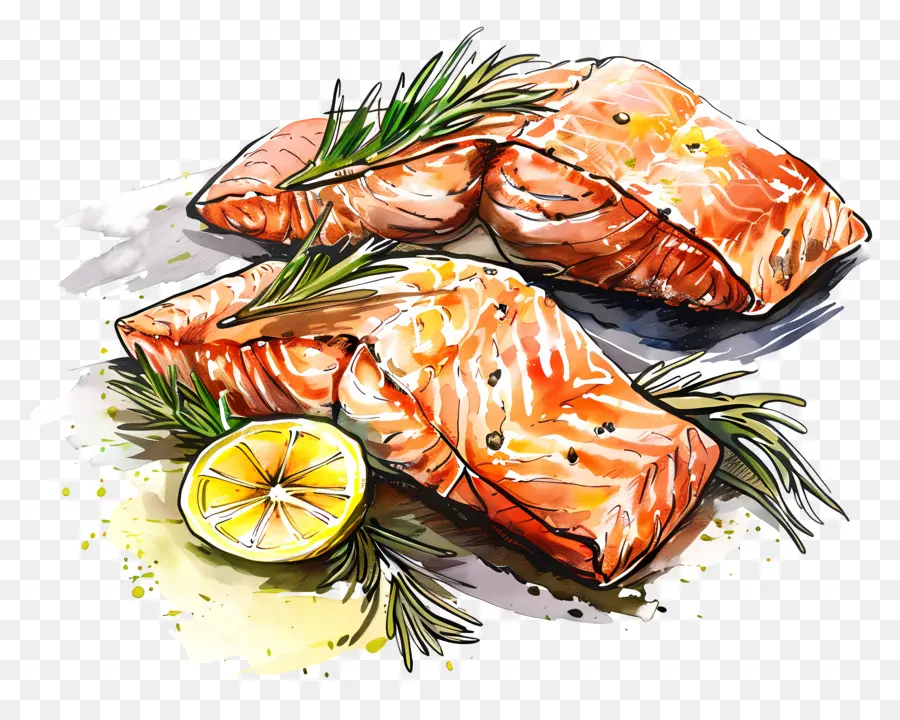 Salmón A La Parrilla，Ilustración Acuarela PNG