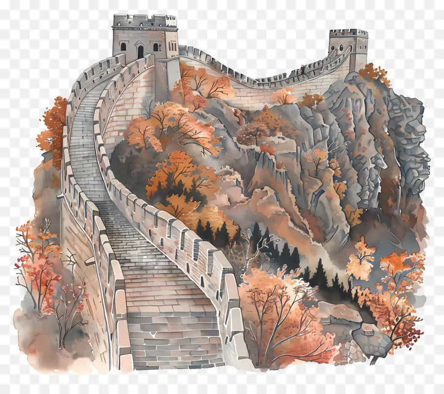 La Gran Muralla De China，Pintura A La Acuarela PNG