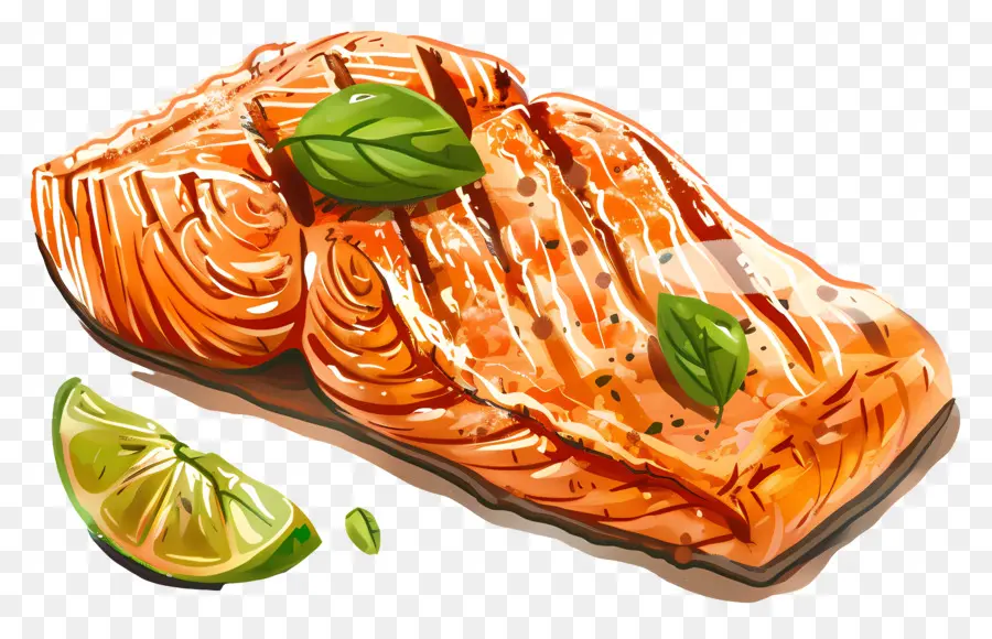 Salmón A La Parrilla，Hojas Verdes PNG