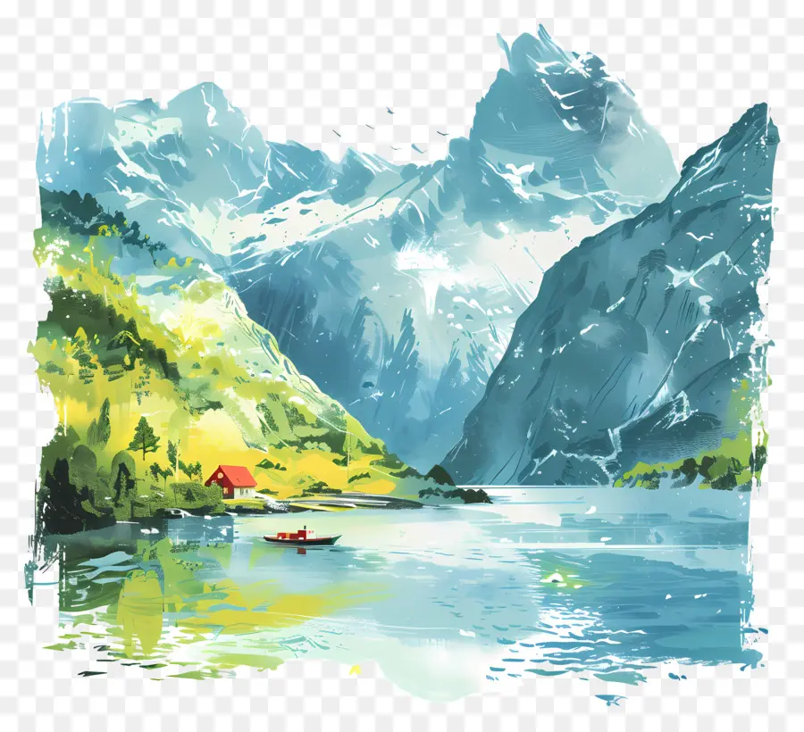 Fiordos Noruegos，Pintura Del Lago De Montaña PNG