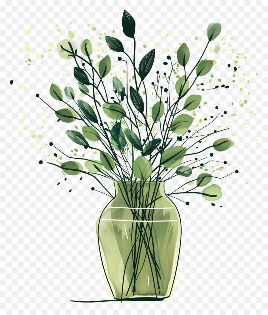 Jarrón Verde，Flores Blancas PNG