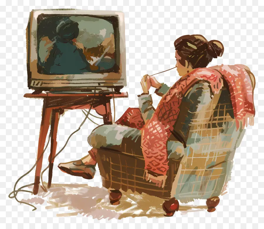 Mujer Tejiendo，Mujer Viendo Televisión PNG