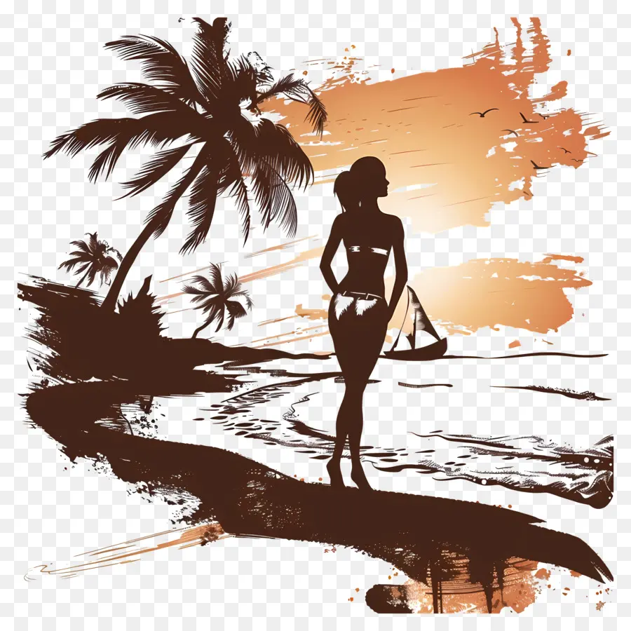 Silueta De Playa，Mujer En La Playa PNG