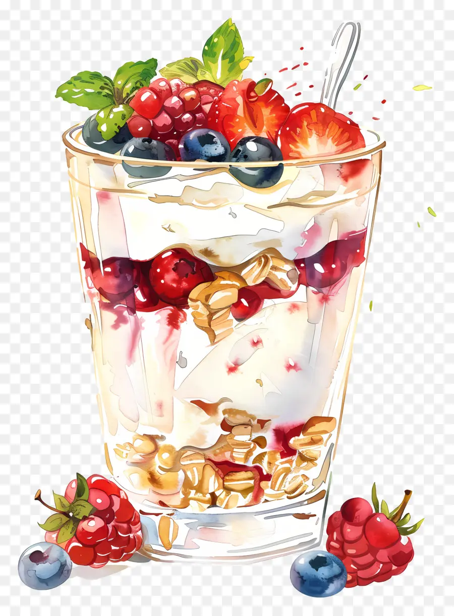 Yogurt Parfait，Ilustración Acuarela PNG