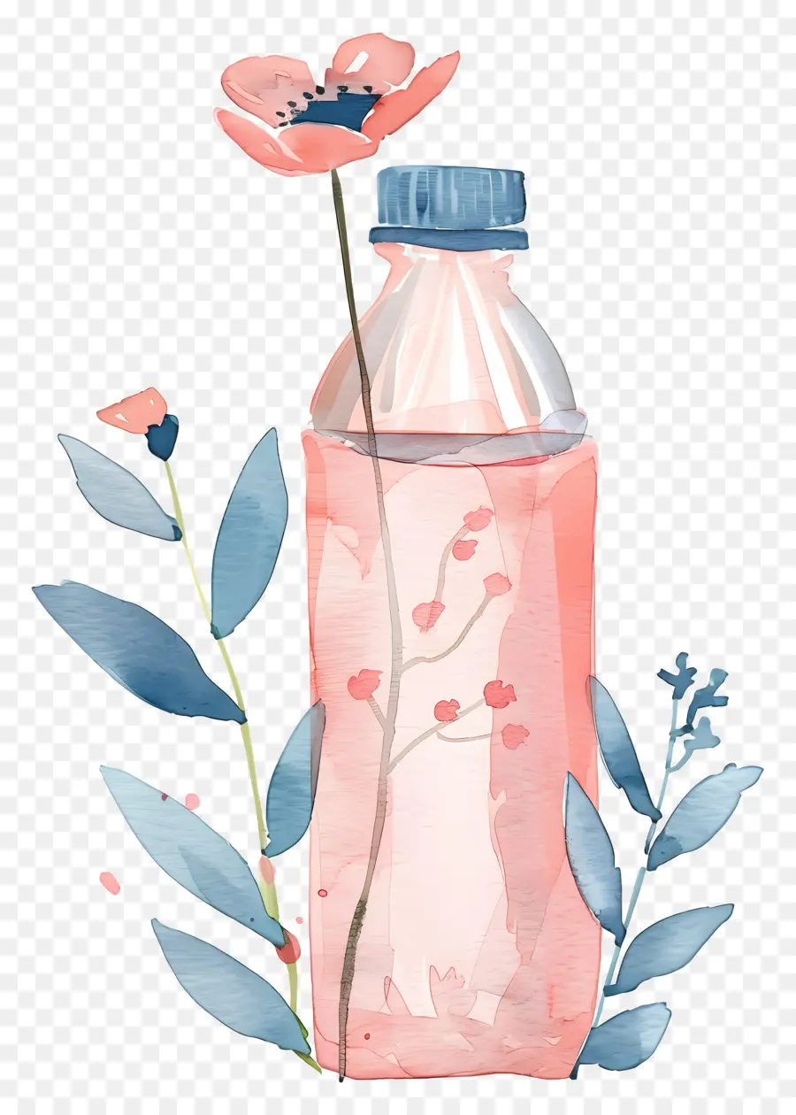 Botella De Agua，Botella De Acuarela Con Flores PNG