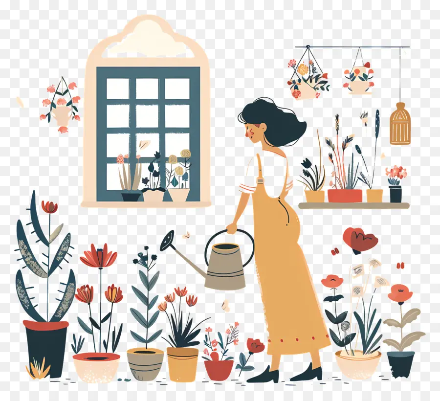 Mujer Reyando Flores，Mujer Riegando Plantas PNG