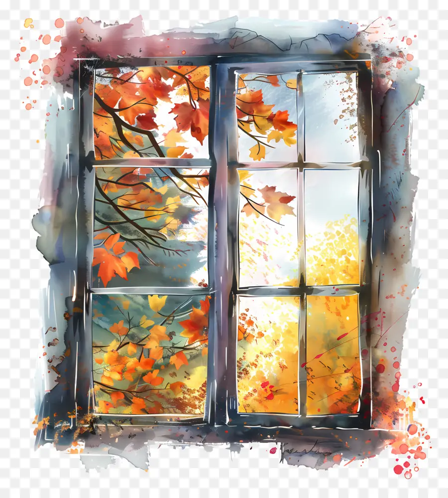 El Otoño De La Ventana，Pintura A La Acuarela PNG