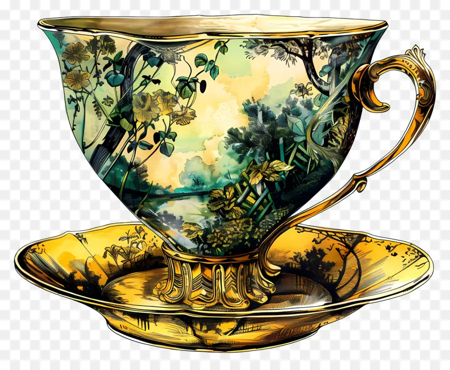 La Taza De Té，Taza De Té De Oro PNG