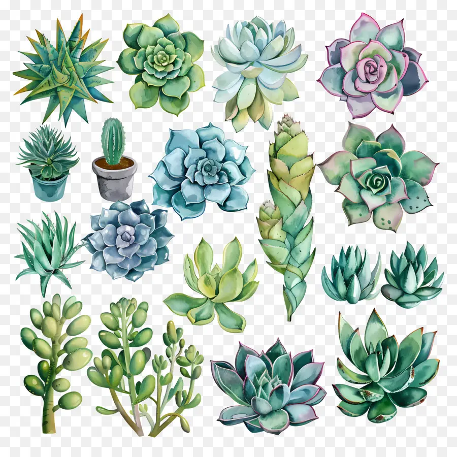 Las Plantas Suculentas，Ilustraciones A La Acuarela PNG