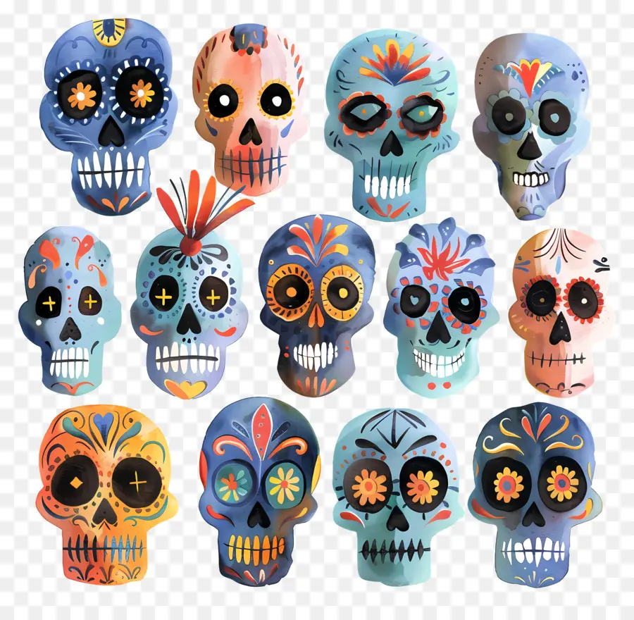 Calaveras De Azúcar，Cráneos Coloridos PNG