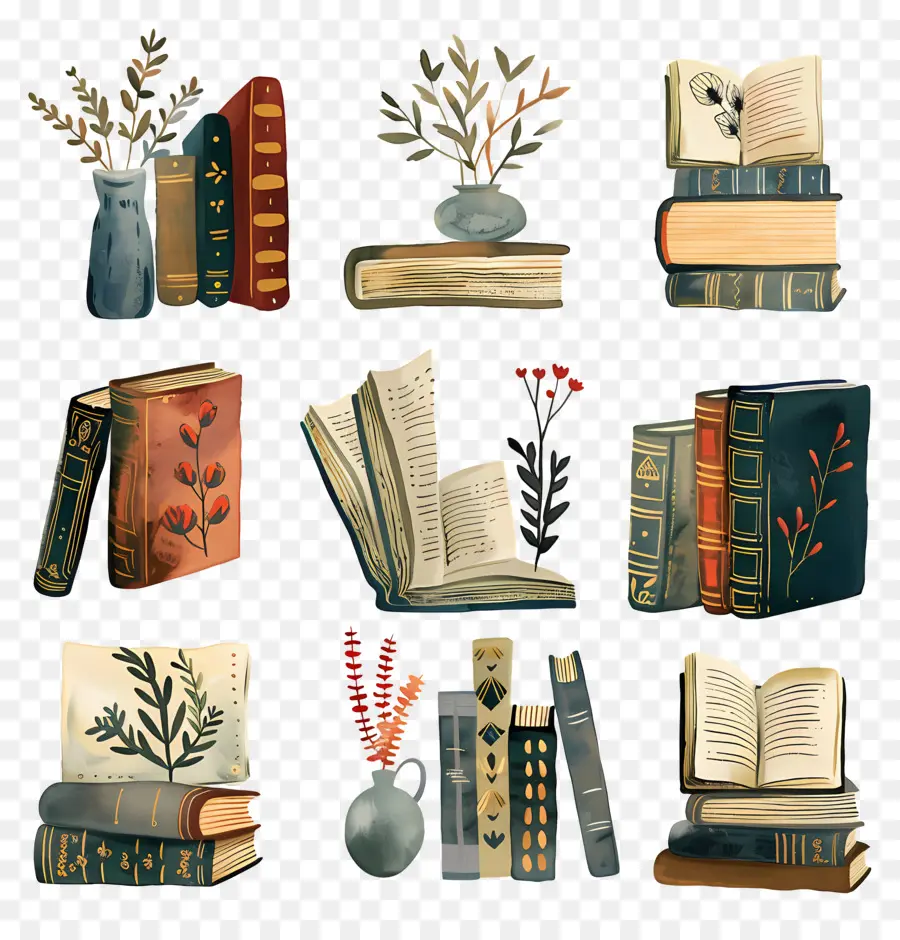 Libros，Flores PNG