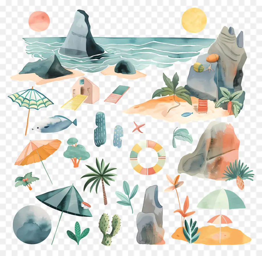 Playa，Ilustraciones A La Acuarela PNG