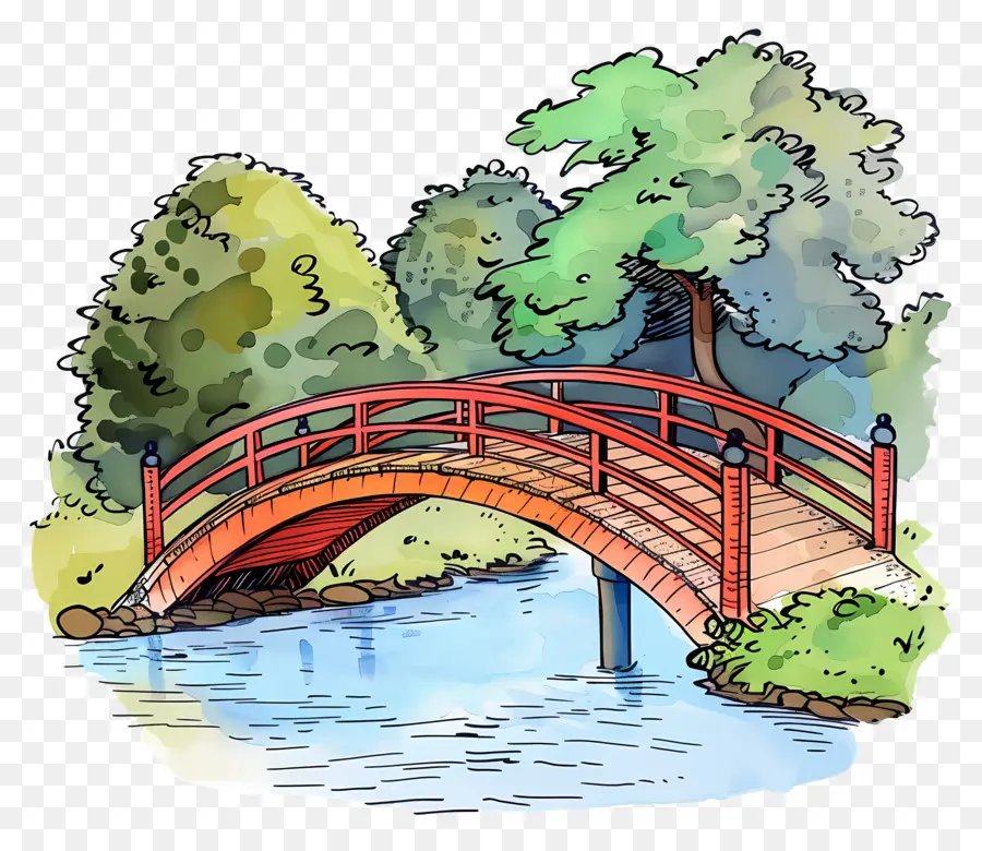 Puente Del Parque，Pintura A La Acuarela PNG