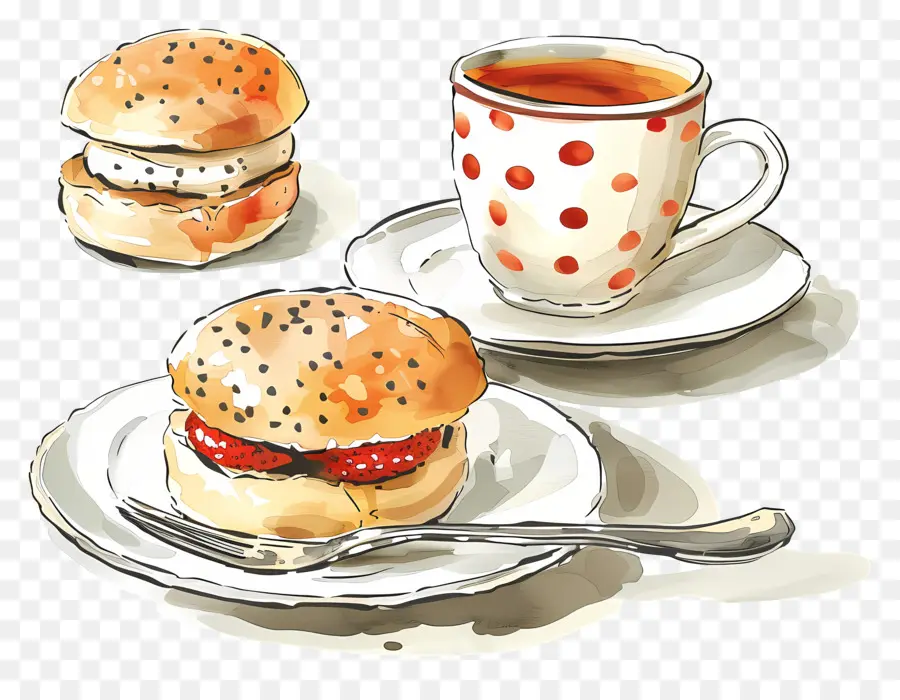 Té Y Bollos，Dibujo De Acuarela PNG