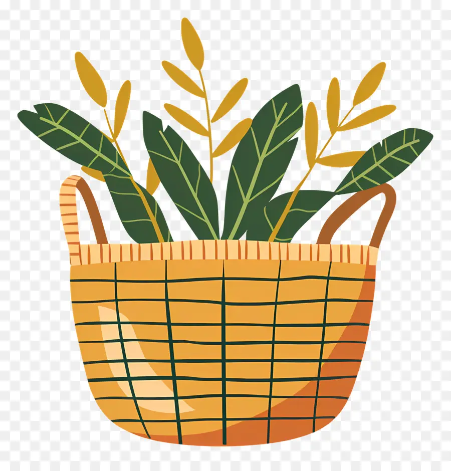 Wicker Basket，Hojas Verdes PNG