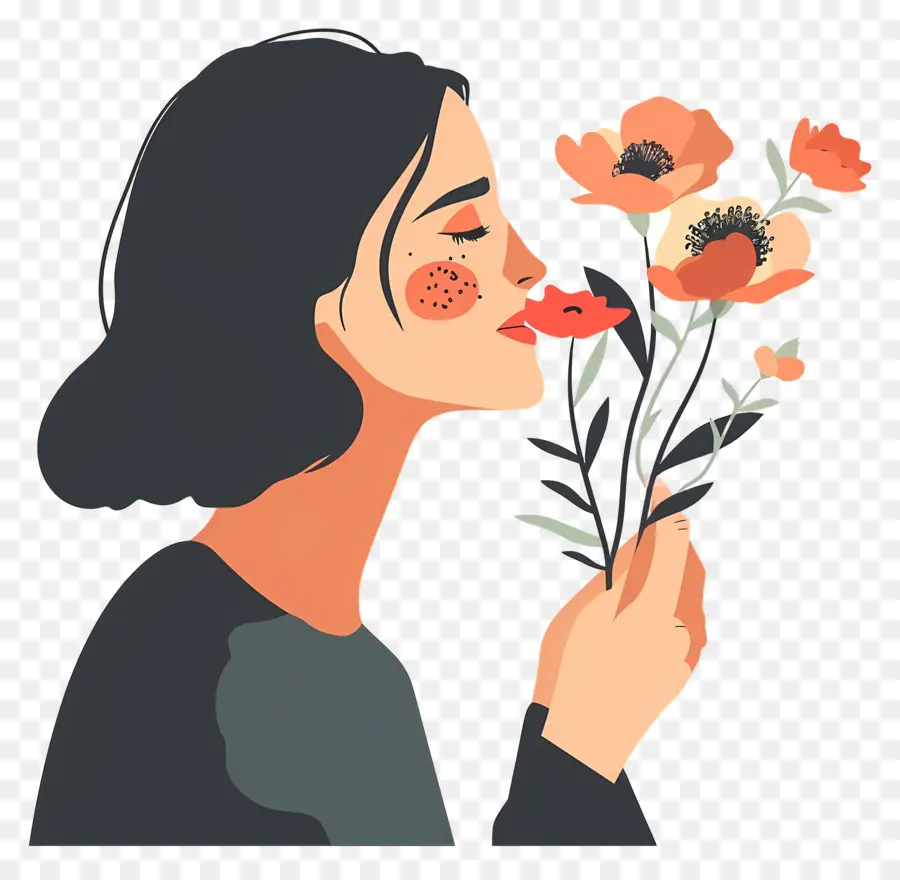 Mujer Oliendo Flores，Ramo De Flores PNG